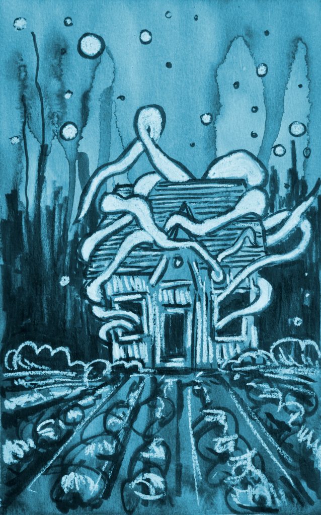 Illustration Crystel Pereira maison bleue sous l'eau